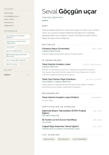 Coğrafya Öğretmeni CV Örnekleri cv indir